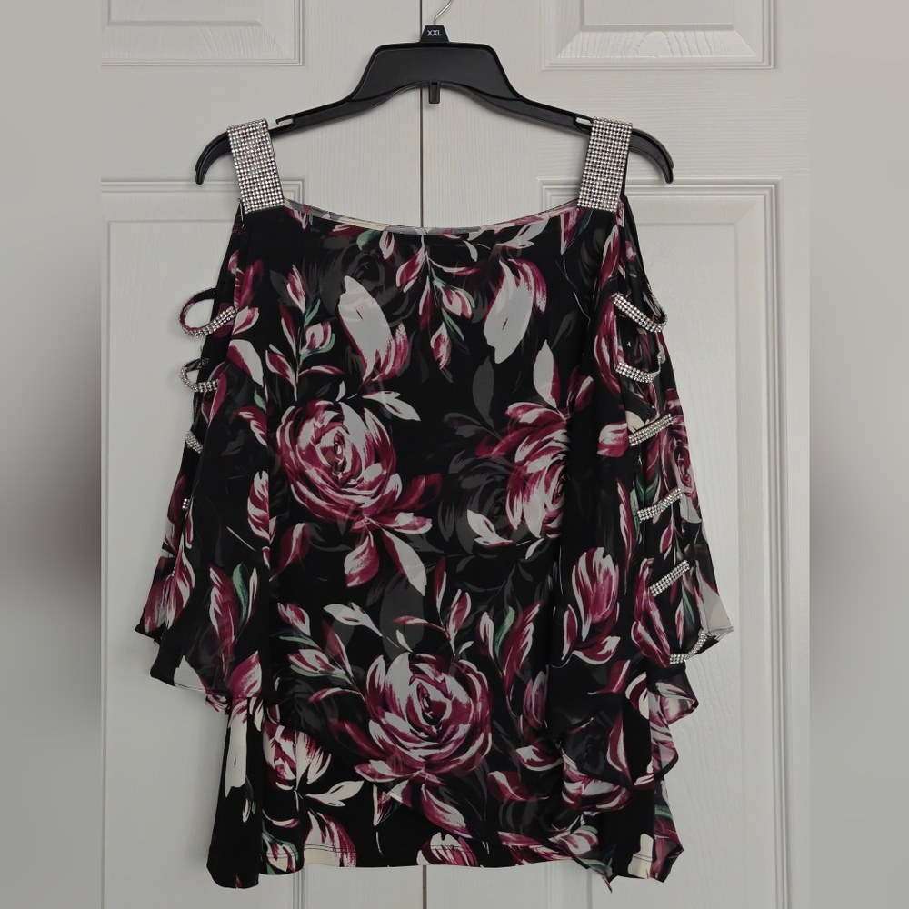 Prelude Rhinestone Strap Floral Cold-Shoulder Blouse - Black & Berry, Size XL